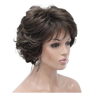 Imagem de Perucas femininas de cabelo sintético curto encaracolado castanho escuro peruca feminina grossa para perucas de cabelo humano diário (cor: 8 castanho médio, comprimento esticado: 20 cm)