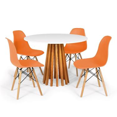 Imagem de Conjunto Mesa de Jantar Talia Amadeirada Branca 100cm com 4 Cadeiras Eames Eiffel - Laranja
