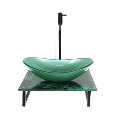 Imagem de KIT CUBA DE VIDRO OVAL 10MM COM TAMPO DE VIDRO 40CM X 40CM MÁRMORE VERDE E SUPORTE PRETO