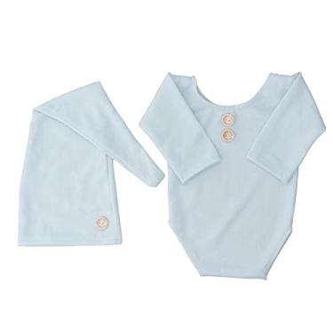Imagem de Fato de salto de foto de bebê de malha, design unissex atraente azul claro terno de salto de foto recém-nascido para presentes de bebê para bebês de 0 a 2 meses