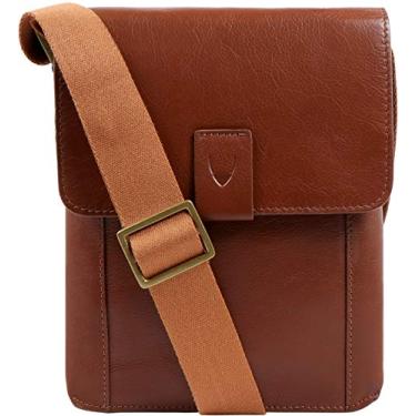 Imagem de Hidesign Bolsa carteiro Aiden de couro legítimo e lona mini transversal masculina/feminina / bolsa de viagem para iPad de 10,5 polegadas, Bronzeado e marrom, Small, Bolsa transversal