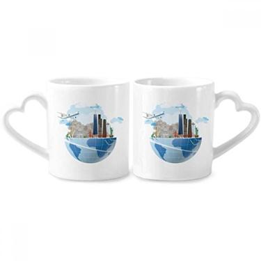 Imagem de Travel Journey America Mount Plane Conjunto de canecas de porcelana para casais, copo de cerâmica para amantes e coração