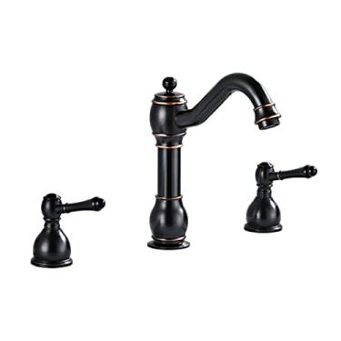 Imagem de LIDON Torneira de latão antigo banheiro 3 furos, torneira de pia de banheiro de 3 furos de latão antigo, torneira de pia de banheiro alça dupla, torneira de banheiro de 3 furos, antigo (cor: preto)