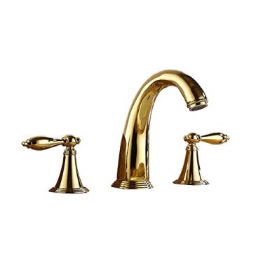 Imagem de LIDON Torneiras de banheiro para pia 3 furos, torneira de latão antigo banheiro 3 furos, torneira de pia de banheiro alça dupla, torneira de pia banheiro 3 furos preto, antigo (cor: dourado)