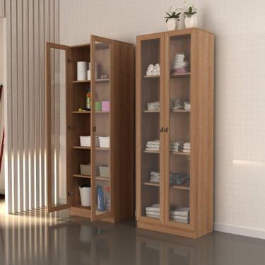 Imagem de Kit 2 Armários Multiuso 2 Portas Vidro 4 Prateleiras Tecno Mobili Amendoa