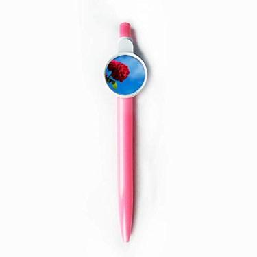 Imagem de Caneta retrátil azul azul céu rosas folhas verdes ponta rollerball azul papelaria escrita