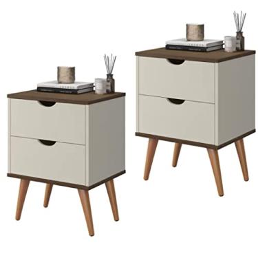 Imagem de Conjunto Mesa de Cabeceira Madri 2 Gaveta e Nicho Pés Retrô (Off White/Canela)