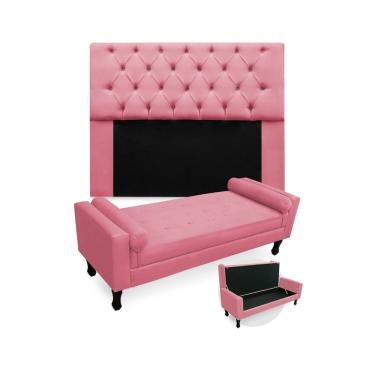 Imagem de Kit Cabeceira Estofada Mirage E Recamier Baú Fenix Queen 160 cm Suede Rosa Barbie - LM DECOR