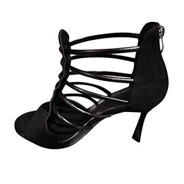 Imagem de Sandálias anabela sexy para mulheres moda verão camurça sólida bico aberto nas costas zíper fino salto alto sandálias (preto, 8)