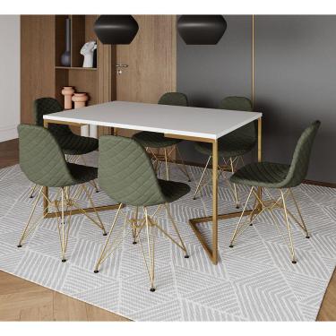 Imagem de Mesa Jantar Industrial Branca Base V Dourada 137x90cm 6 Cadeiras Estofadas Verdes Dourada 