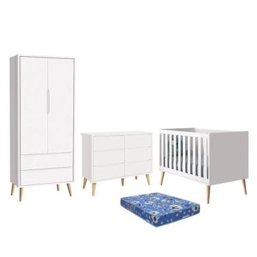 Imagem de Dormitório Theo 2 Portas, Cômoda 6 Gavetas, Berço com Pés Madeira Natural e Colchão - Reller Móveis