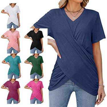 Imagem de Blusa com decote em V, blusa macia com decote em V, manga curta, respirável, cor pura para mulheres ao ar livre, Joia azul, XXG