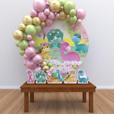 Imagem de Kit Decoração Painel Redondo Festa de Aniversário Infantil Dinossauro Baby Rosa Aquarela