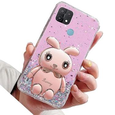 Imagem de Rnrieyta Miagon Rabbit Glitter Stand Case para Oppo Realme C25Y/C21Y, capa protetora de TPU macio transparente brilhante fina à prova de choque com suporte de coelho fofo, rosa