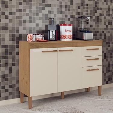 Imagem de Balcão Modena Gabinete Armário Organizador Para Cozinha 3 Portas 2 Gavetas Marrom e Off White