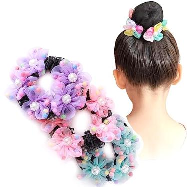 Imagem de AsggBah 4 peças de rede para coque de cabelo colorido premium com cordão para bailarina, dançarina, banco, enfermeira, patinadora, fixação de cabelo infantil, tamanho médio de 8,5 cm