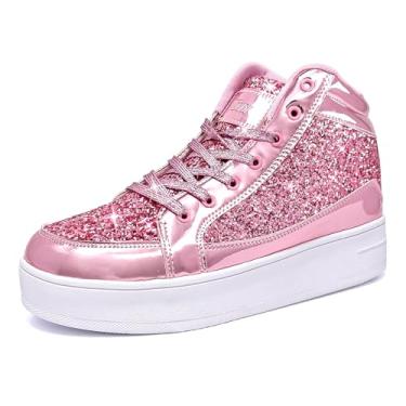 Imagem de IGxx Tênis feminino plataforma com glitter, preto, cano alto, brilhante, moderno, brilhante, brilhante, elegante, lantejoulas, metálico, discoteca, casamento, rosa, 36