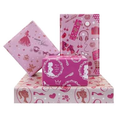Imagem de Papel de embrulho de princesa rosa para meninas, crianças, bebê, papel de embrulho de aniversário com adorável princesa abóbora carruagem de salto alto batom diamante para aniversário chá de bebê 4
