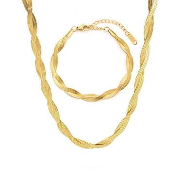 Imagem de Loqimu Colar de corrente de ouro torcido espinha de peixe para mulheres adolescentes meninas aço inoxidável liso cobra elo gargantilha dois fios envoltório clavícula link colar ajustável, Aço