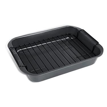 Imagem de kitCom Assadeira antiaderente para assar, assadeira antiaderente com rack, ótima para frango assado, assados e perus - 15 polegadas x 11 polegadas (5,8 QT), cinza