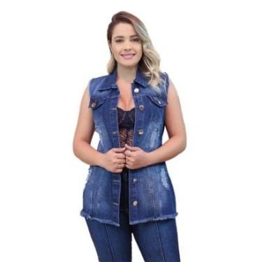 Imagem de Max Colete Jeans Feminino Longo Com 2 Bolso Super Lindo Azul 1-Feminino