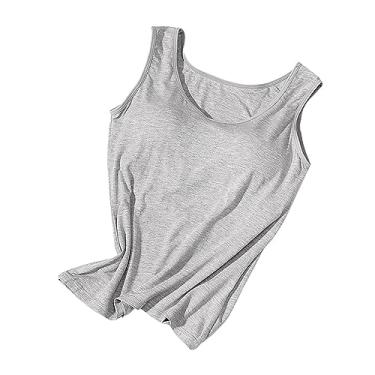 Imagem de Regatas femininas com sutiã embutido acolchoado alça larga camiseta verão básica lisa ioga atlética casual colete elástico, Cinza, XXG