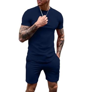 Imagem de Uni Clau Conjunto de camisetas masculinas de manga curta e shorts combinando casual agasalho de verão, Azul-marinho, 3G