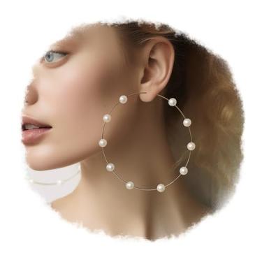 Imagem de RELOVET Grandes argolas enormes pérolas finas ouro prata pendente leve moda chique joia presente para mulheres, 90mm gold, Metal, Sem pedra preciosa