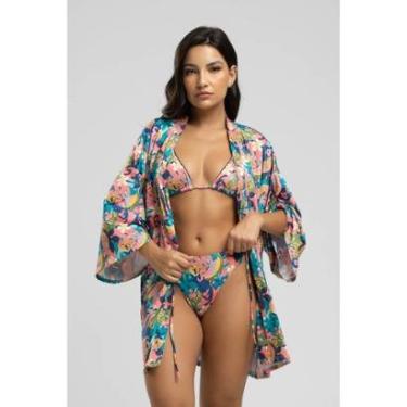 Imagem de Saída de Praia Kimono Estampado Tecido Proteção Solar Uv 50+-Feminino