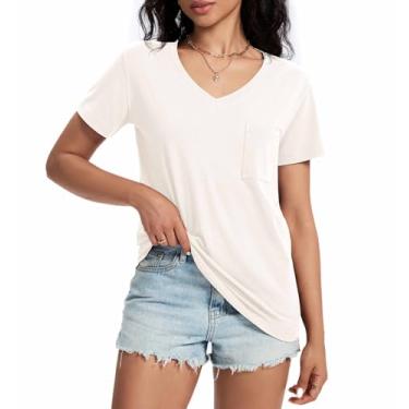 Imagem de Camisetas femininas gola V manga curta verão casual tops moda bolsos básicos roupas roupas 2024, Marfim, P