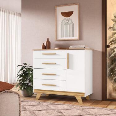 Imagem de Cômoda 1 Porta e 4 Gavetas 100% Mdf Kakau Retrô Espresso Móveis Branco / Amêndoa