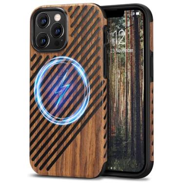 Imagem de TENDLIN Capa magnética compatível com iPhone 13 Pro, capa de madeira com design externo de couro, capa híbrida de TPU (compatível com MagSafe), madeira e couro