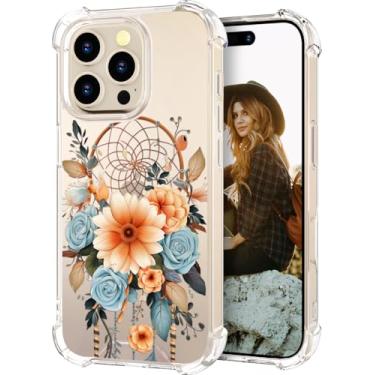 Imagem de Hungo Capa compatível com iPhone 16 Pro para mulheres, meninas, design claro, bonito, feminino, design estético, capa para 16 apanhadores de sonhos e flores profissionais