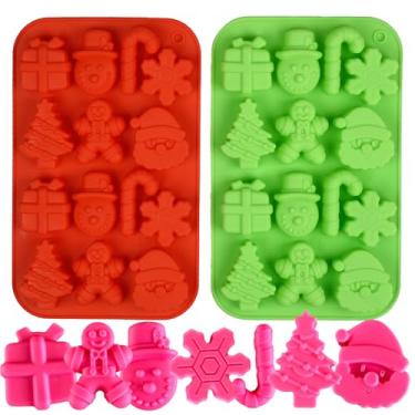 Imagem de SAGOOITS Moldes de chocolate de silicone de Natal, 2 peças de moldes de pastelaria de doces, árvore de Natal 3D, floco de neve, bengala, homem de gengibre, boneco de neve, molde de Papai Noel em forma