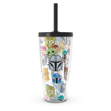 Imagem de Tervis Copo de viagem Star Wars - Mandalorian - Peekaboo Made in USA de parede dupla com isolamento térmico mantém as bebidas frias e quentes, 680 g com tampa de palha, clássico
