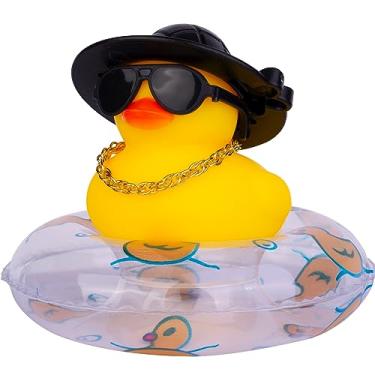 Imagem de MuMyer Enfeites de carro de pato amarelo decorações de painel de carro de pato de borracha com óculos de amor mini anel de natação colar de chapéu de sol para decoração de painel de carro (D12)