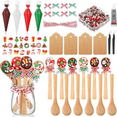 Imagem de Wonderjune 30 colheres de madeira de Natal pequenas faça-você-mesmo, mini colheres de madeira de 13 cm, colheres de chantilly falsas com laços de fatias de Natal de resina, cola granulada para