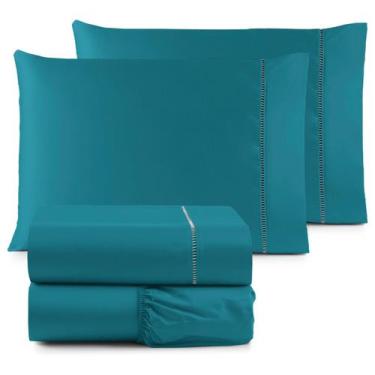 Imagem de Jogo de lençol queen 4pçs 600 fios aveludado verde petroleo - sheik bo