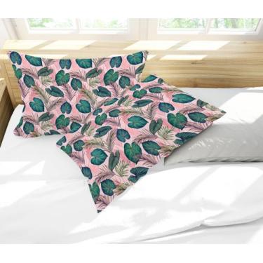 Imagem de Par de Fronhas Estampa Folhas Tropicais Rosa e Verde - Core Decore