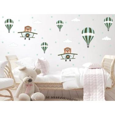 Imagem de Adesivo de Parede Ursos Aviadores e Balões Tamanho P Verde - Adesivos 