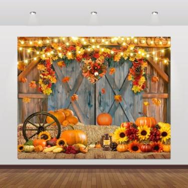Imagem de Cenário de outono de Ação de Graças, 3 x 2,4 m, colheita de abóbora, feno, celeiro ocidental, festa de Ação de Graças, cenário para fotos de festa de Ação de Graças, outono, folhas de bordo, palheiro,