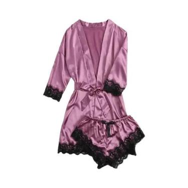 Imagem de Conjunto de Pijama Sexy Feminino em Cetim - 4 Peças com Roupão, BR-G3,