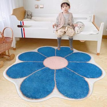 Imagem de Poowe Tapete em forma de flor – Tapete floral macio lavável para sala de estar, quarto de meninas, entrada, cozinha – redondo de 80 cm, azul pavão