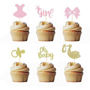 Imagem de Morndew 24 peças de enfeite de cupcake Oh Baby com laço de glitter, saia de chupeta para festa de aniversário de bebê, decoração de chá de bebê