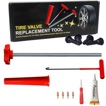 Imagem de LOGOL Kit de ferramentas de substituição rápida de haste de válvula de pneu (51025), ferramenta de instalação de haste de válvula para carros, caminhões, quadriciclos, etc. com 4 hastes de válvula