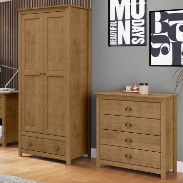 Imagem de Conjunto Quarto Guarda-Roupa 2 Portas, Cômoda 4 Gavetas Freijó Topázio Madeira Pinus -...