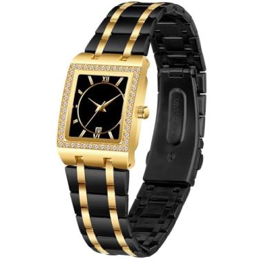 Imagem de Relógio de pulso feminino de luxo de aço inoxidável com bisel quadrado à prova d'água com calendário analógico de quartzo, Preto, dourado, 29mm, Moda, luxo, vintage