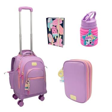 Imagem de Kit Mochila Rodinha Lilás + Estojo + Garrafa Puket