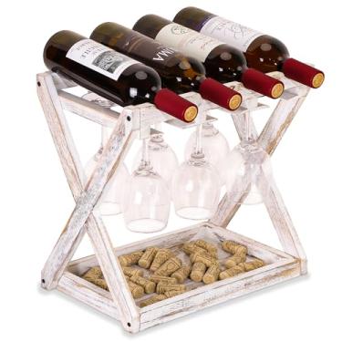 Imagem de WDSHIYI Porta-Vinhos De Bancada Com Suporte De Vidro, Para 4 Garrafas E 6 Taças, Suporte De Vidro, Suporte De Mesa De Madeira Rústica Para Garrafas De Vinho Para Cozinha, Sala De Estar, Adega Rústic