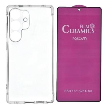 Imagem de Capa Capinha Case Anti Impacto + Película de Ceramica Fosca 9D, silicone transparente clear com bordas reforçadas e flexível com efeito cristal. Compátivel com Samsung Galaxy S25 Ultra